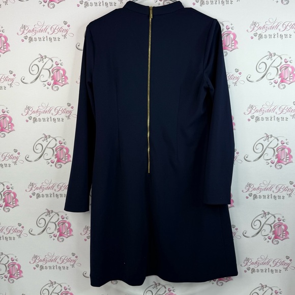Calvin Klein dress ribbon bow tie up neck detail gold zipper Navy Midi Dress - Picture 2 of 13
